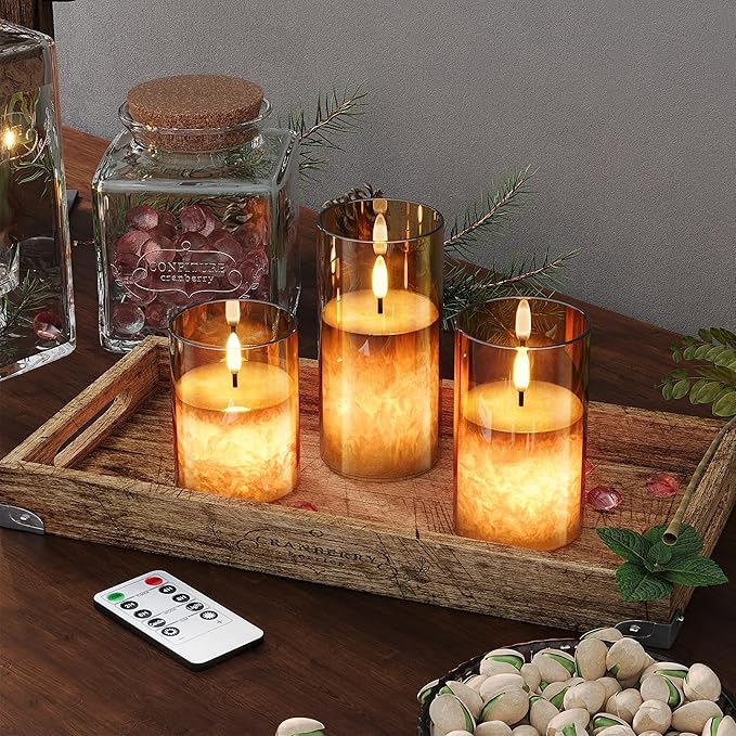 Ice Crystal Real Wax Glass Flameless Candles with Remote & Timer, Battery Operated Candles with Warm Flickering Flame, Realistic LED Candle for Wedding Home Decor [D3×H4/5"/6"] Gold, 3Pack