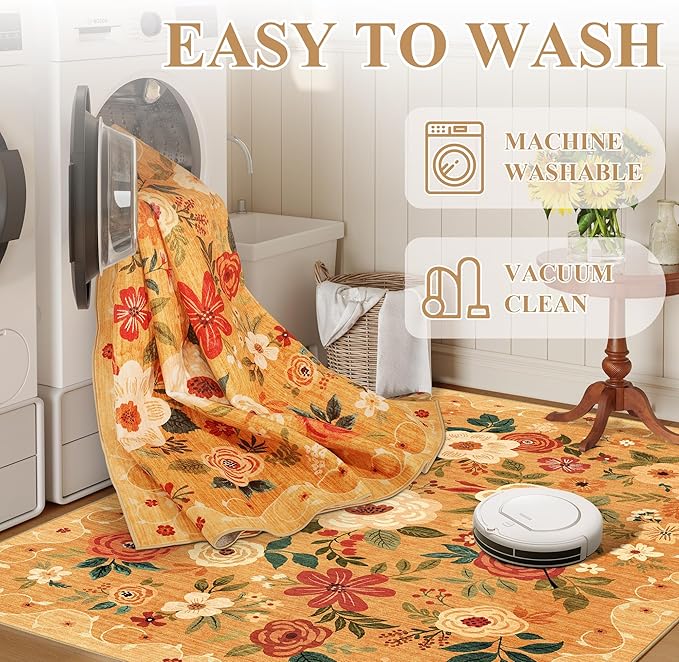 DUKINO 2x3 Rugs for Entryway, Floral Indoor Washable Door Mat, Non Slip Boho Small Rug for Kitchen, Soft Low Pile Front Door Throw Rug for Entrance, Bedroom, Kitchen, Laundry, Bathroom, Orange