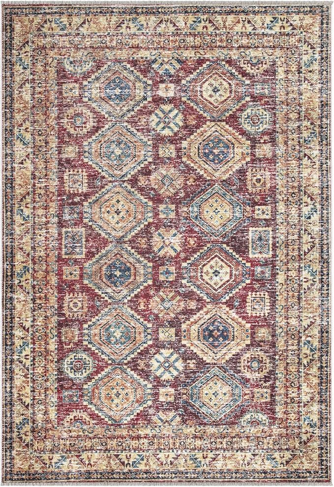 Bloom Rugs Caria Washable Non-Slip 8x10 Rug - Dark Red/Multicolor Traditional Area Rug for Living Room, Bedroom, Dining Room, and Kitchen - Exact Size: 7'8" x 10'