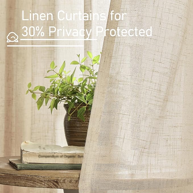 LAMIT Natural Linen Semi Sheer Curtains 63 Inch for Bedroom, Light Filtering Curtains Farmhouse Boho Back Tab and Rod Pocket Drapes for Dining Room, 2 Panels (38 x 63 Inch, Linen)