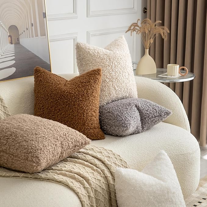 Pack of 2 Curly Teddy Wool Faux Fur Throw Pillow Covers Fuzzy Accent Soft Sherpa Pillowcases Sheepskin Fleece Decorative Cushion Case for Sofa Couch Living Room 16x16 Inch Light Grey