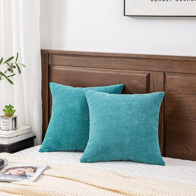 GAWAMAY Decorative Chenille Throw Pillow Covers 24x24 Inch Pack of 2, Soft Square Couch Pillow Cover for Sofa Cushion Living Room Bedroom Solid Dyed Pillowcases Teal 60x60cm (ONLY Covers)