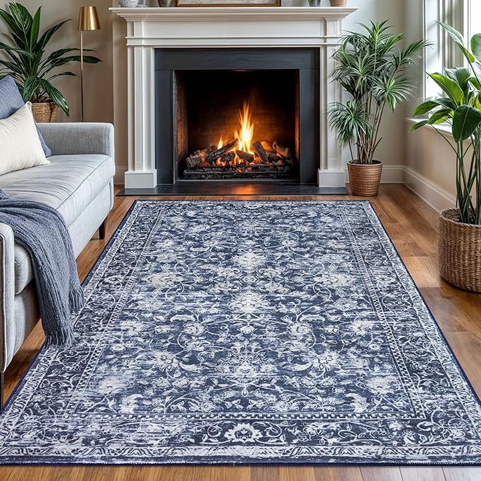 KILOCOCO Area Rug 4x6 Entryway Rug Washable Printed Vintage Floral Rubber Backed Non Slip Indoor Kitchen Rugs for Laundry Room Playroom Bedroom Living Room Moroccan Area Rugs, Navy Blue