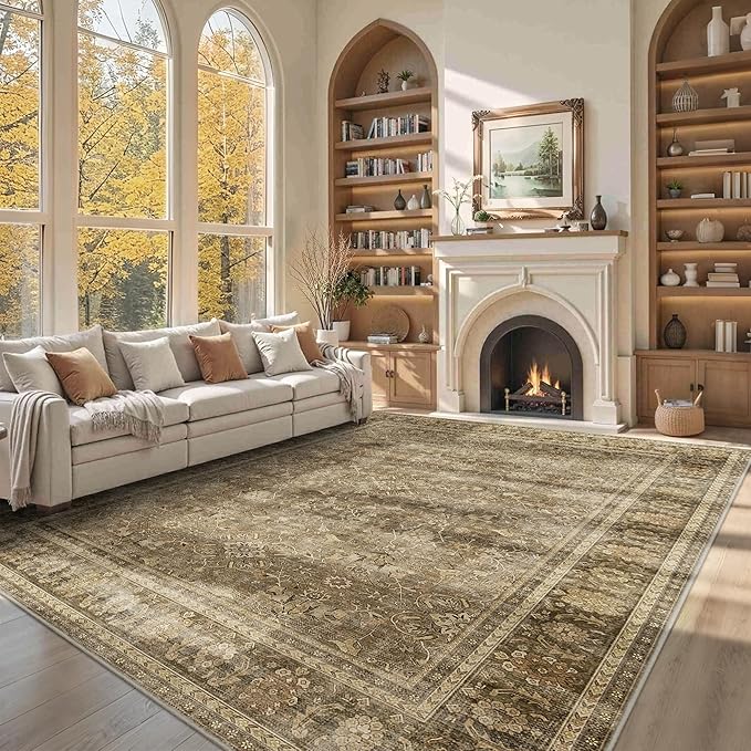 HelloTree Washable Rugs 9x12 Area Rug for Living Room, Vintage Boho Brown Rug Non Slip Carpet Retro Accent Indoor Mat Print Distressed Low Pile Throw Large Rug for Office Dining Room Bedside-Brown