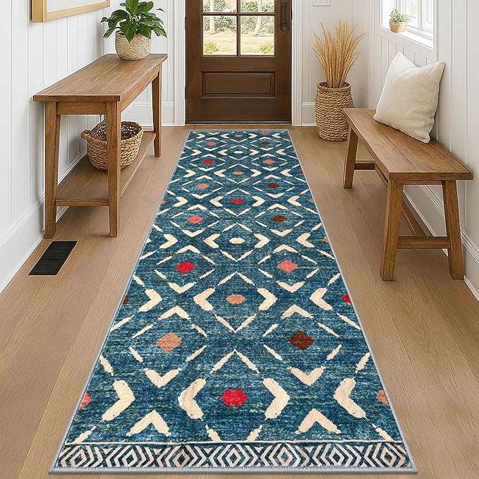 KILOCOCO Hallway Runner Rug 3x8 Runners for Hallways Washable Runner Soft Non Slip Printed Geometric Rubber Backed Low-Pile Rug Runners for Bedroom Kitchen Living Room Boho Rugs, Teal/Blue