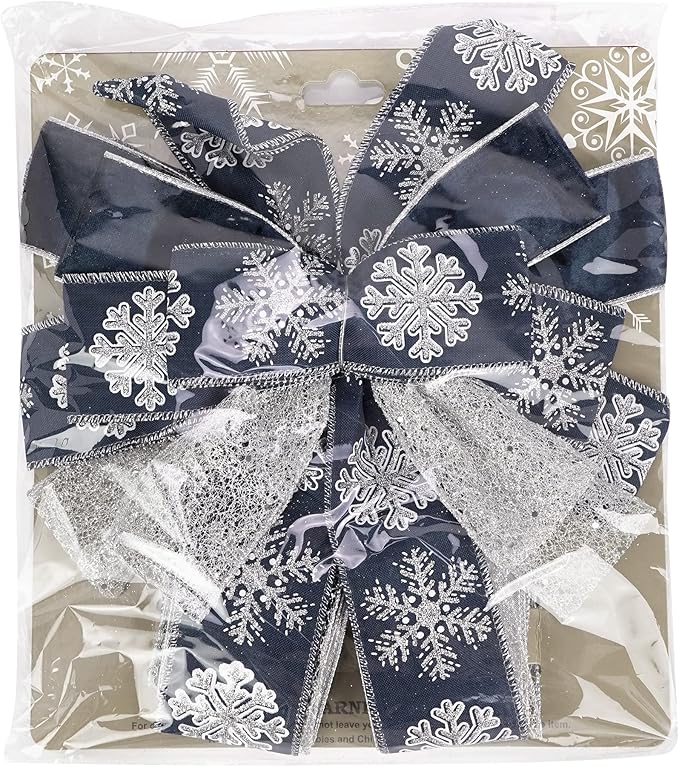 MEEDEE Navy Blue Tree Topper Navy Blue Christmas Tree Topper Bow 12 inch Wide Navy Blue Silver Glitter Yule Tree Wreath Bow Christmas Decorations Silver Snowflake Garland Bow Holiday Lantern (1 Pack)