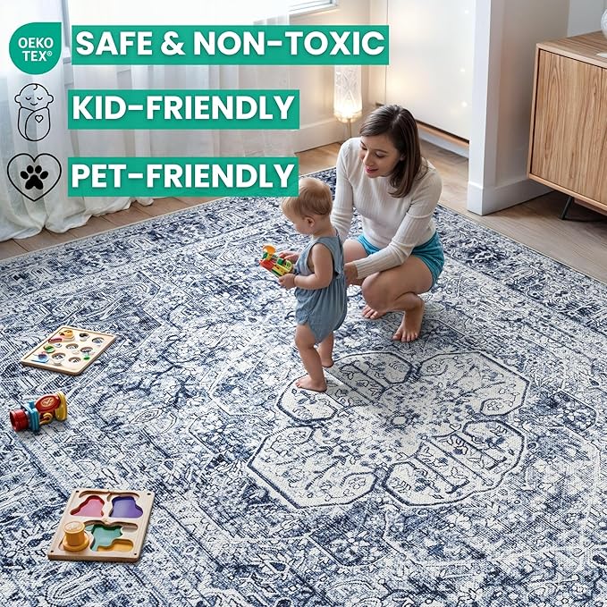 Bloom Rugs Washable Non-Slip 4' x 6' Rug - Ivory/Denim Blue Traditional Medallion Area Rug for Living Room, Bedroom, Dining Room, and Kitchen - Exact Size: 4' x 6'