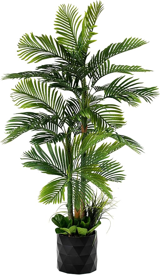 Deluxe 78" Golden Cane Palm Artificial Tree + Premium Fiddle Leaf Foliage in 8" Base + 12" Plant Pot Skirt + Bonus USA Flag Style Pot Pant