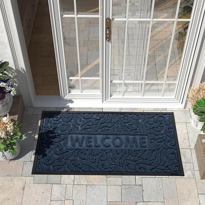 Yimobra Large Welcome Mat 47x24, Waterproof Non-Slip Outdoor Mats for Front Door Outside Entrance, Low-Profile Entryway Mat Indoor for Garage Patio, Blue