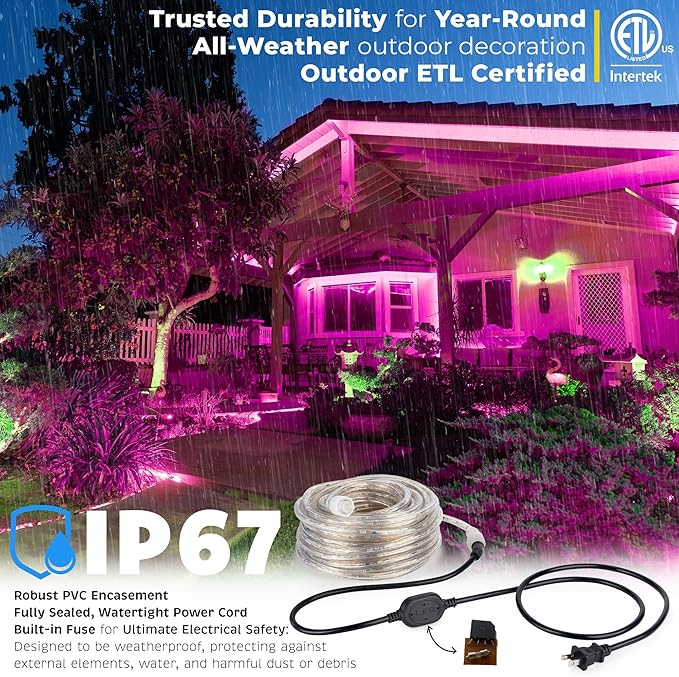 WYZworks 108LEDs, 10ft LED Outside Rope Lights, Waterproof Permanent Outdoor ETL Certified Connectable Clear Tube, Christmas Palm Tree Holiday Decorative Landscape Patio Accent Lighting - Pink