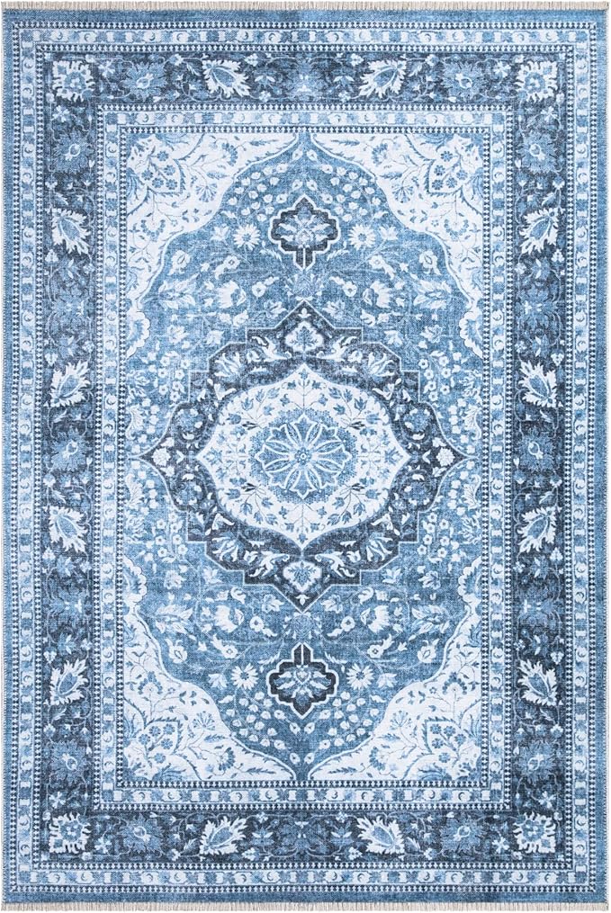 Bloom Rugs Caria Washable Non-Slip 5x7 Rug - Blue Traditional Area Rug for Living Room, Bedroom, Dining Room, and Kitchen - Exact Size: 5' x 7'