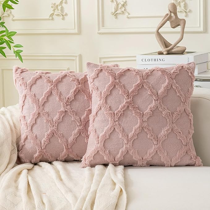 Set of 2 Soft Moroccan Throw Pillow Covers 20x20 Inch Plush Boho Decorative Pillow Cover Accent Cushion Case for Couch Sofa Bed, Pink