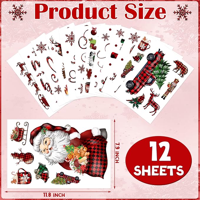 BORAMDO Christmas Window Clings 12 Sheets, Buffalo Plaid Xmas Window Decals Stickers Removable Holiday Decorations for Home & Office, 12 Styles