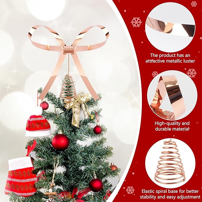 Metal Christmas Bow Tree Topper, Christmas Rose Gold Bow Ornament Decorations for Xmas Tree Topper Garland Wreath Indoor Outdoor Decor, 9.5 x 8.7''