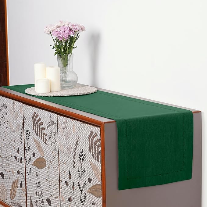 D'Moksha Homes Linen Forest Green Table Runner 48 Inches - Classic Hemstitch, 100% Pure Linen Coffee Table Runner 14 x 48 Inch Ideal for Dresser Tables - St Patricks Day, Easter