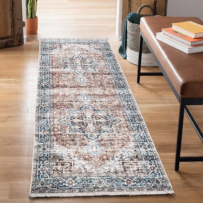 Bloom Rugs Caria Washable Non-Slip 10 ft Runner - Terracotta/Blue Traditional Runner for Entryway, Hallway, Bathroom, and Kitchen - Exact Size: 2'6" x 10'
