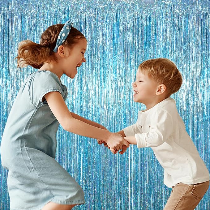 3.3 x 6.6 ft Foil Fringe Backdrop Curtains, Tinsel Streamers Party Decorations, Fringe Backdrop for Birthday, Baby Shower, Gender Reveal, Graduation (3, Light Blue)