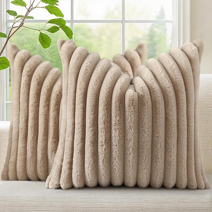 decorUhome Faux Fur Christmas Throw Pillow Covers 18x18 Set of 2, Decorative Soft Plush Striped Neutral Couch Euro Pillow Covers with Velvet Back for Sofa, Bed, Living Room Home Decor, Khaki Brown