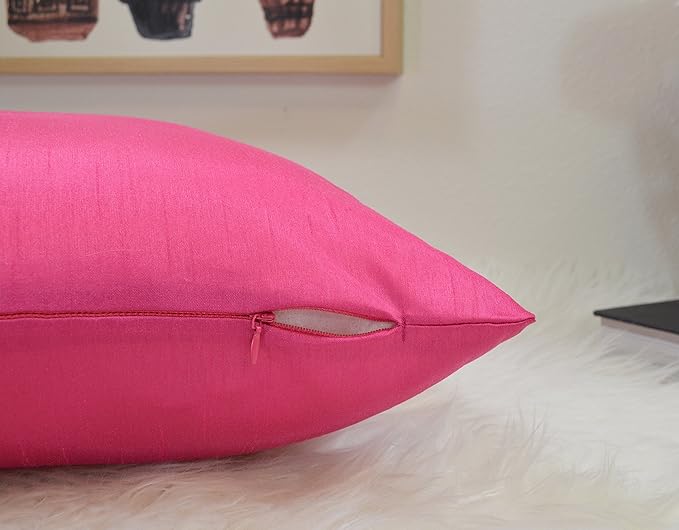 Aiking Home 12x24 Inches Faux Silk Rectangular Throw Pillow Cover, Zipper Closure, Hot Pink (Set of 2)