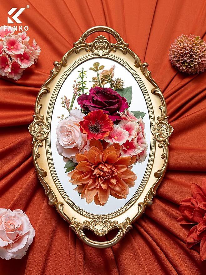 FANKO Artificial Flowers Red Rose, Mixed Fake Silk Flowers Combo Gradient Orange & Champagne Rose Burnt Orange Dahlia Chrysanthemum Vintage for DIY Wedding Bridal Bouquets, Home Decor