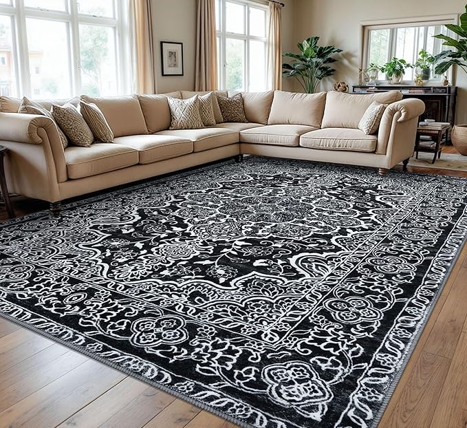 KUTA Area Rugs 9x12 Living Room, Vintage Medallion Washable Large Rug for Bedroom 9ft x 12ft Non-Slip, Black Ultra Soft Printed Modern Floral Distressed Low-Pile Dining Room Carpet