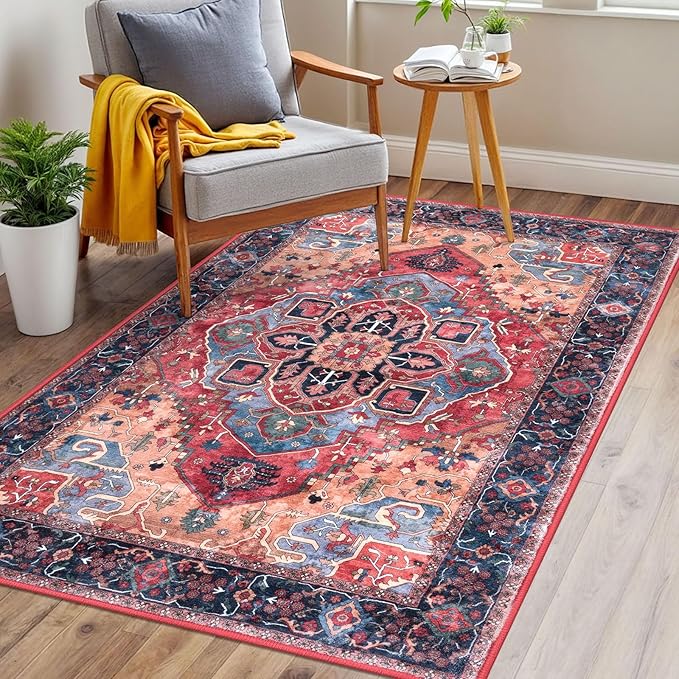 3x5 Washable Area Rug for Entryway, Red Soft Boho Rug with Non-Slip, Low-Pile Vintage Floor Area Rugs for Living Room Bedroom Dining, Dorm Carpet with Non-Shedding