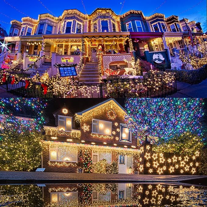 LJLNION 1000LED Christmas Lights, Extra Long 328FT Xmas Green Wire Fairy String Lights Plug in Outdoor, Remote Control & 8 Lighting Modes, Waterproof for Wedding Party Bedroom Decorations, Warm White