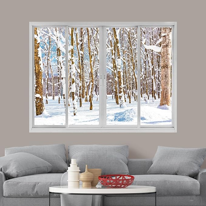 wall26 Removable Wall Sticker/Wall Mural Window View Snowy Winter Mountain Forest Trees Wilderness Nature Photography Realism Rustic Landscape Colorful for Living Room, Bedroom, Office - 24"x32"