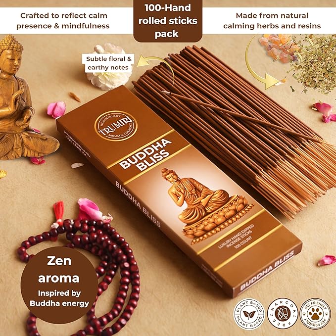 Buddha Bliss Incense Sticks - Pack of 100 Inscents-Sticks - Made with Natural Non Toxic Raw Ingredients - Meditation Insence Indian Spiritual Agarbatti Inciensos Aromaticos