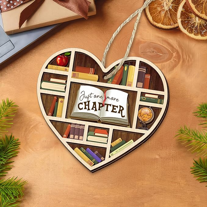 GEEMBI Christmas Book Lovers Gifts for Readers Women - Just One More Chapter Wooden Christmas Ornaments 2025 for Tree Decorations - Bookish Reading Gifts for Women, Friend Gift for Book Lover