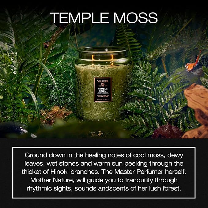 Voluspa Temple Moss, Two Wick Luxe Candle Jar, 44 oz, Coconut Wax Blend, Scented Candles for Home, 140 Hour Burn Time, Handcrafted in the USA