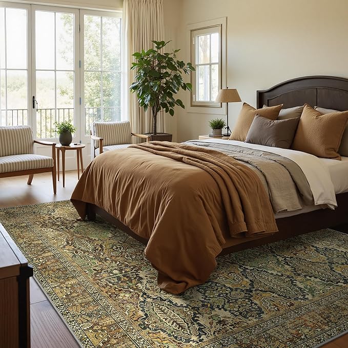 GENIMO 8x10 Area Rugs for Living Room, Machine Washable Non Slip Vintage Rugs, Low Pile Lightweight Chenille Print Rug for Bedroom, Dining Room, Home Office, Bronze Olive