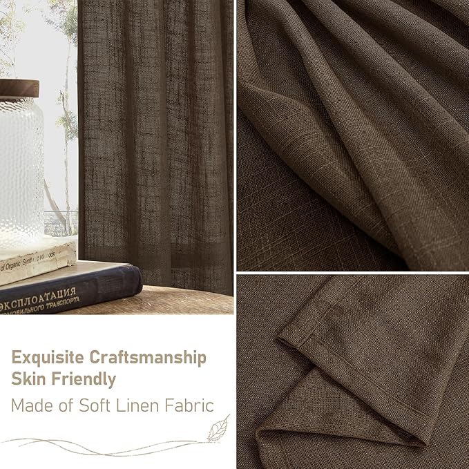 LAMIT Linen Curtains 30 Inch Length for Cafe, Semi Sheer Light Filtering Panels Back Tab and Rod Pocket Neutral Drapes for Basement/Window/Loft Room, Dark Brown, 2 Panels, 34 x 30 Inch