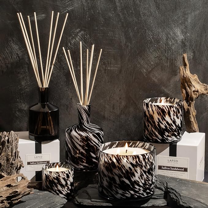 LAFCO New York Signature Fall Reed Diffuser, Saffron Sandalwood - 15 oz - Up to 9 Months Fragrance Life - Reusable, Hand Blown Glass Vessel - Natural Wood Reeds - Made in The USA