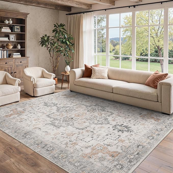 8x10 Area Rugs for Living Room, Machine Washable Non Slip Vintage Rugs, Low Pile Lightweight Print Rug for Bedroom, Dining Room, Home Office, Light Taupe Brown