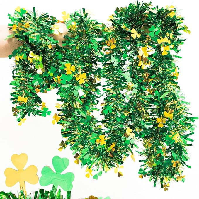 50FT St Patricks Day Garland Gold Green Shamrock Tinsel Garlands, Metallic Streamer Twist Irish Shamrock Garland Decorations for Tree Mantle, DIY Irish St Patricks Day Decorations