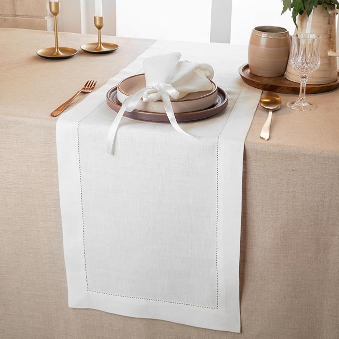 D'Moksha Homes Linen White Table Runner 108 Inches Long - 100% Pure Linen 14 x 108 Inch Table Runner for Valentines, Spring, Easter - Classic Hemstitch