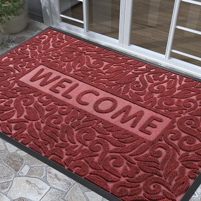Yimobra Large Welcome Mat 60x36, Waterproof Non-Slip Outdoor Mats for Front Door Outside Entrance, Low-Profile Entryway Mat Indoor for Garage Patio, Wine Red