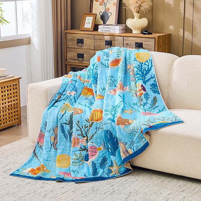 Blue Boho Blanket, 90"x98" Soft Farmhouse Decorative Throw Blanket, 100% Cotton Reversible Vintage Muslin Quilt Bohemian Decor Woven Blanket All Season Blankets for Sofa Couch Chair