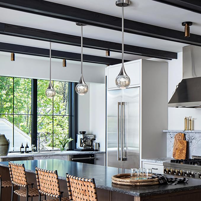 1-Pendant Lights Kitchen Island, Chrome Silver Crystal Globe Ceiling Hanging Light Fxitures, LED Lamp Metal Rod Ceiling Jellyfish Pendant Lighting for Kitchen Dining Room Bar