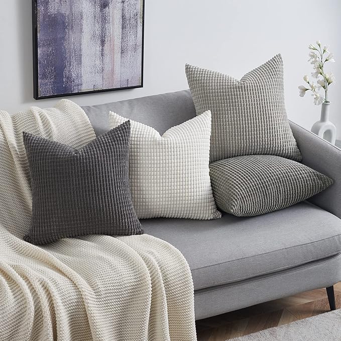 Topfinel 4 Packs Grey Decorative Throw Pillow Covers 26x26 Inch for Living Room Couch Bed Sofa, Boho Western Farmhouse Home Decor, Square Soft Moss Corduroy Fall Cushion Case 65x65 cm