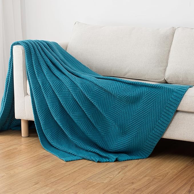 Knitted Throw Blanket 60"X80", Teal Knit Throws for Bed, Super Soft Boho Chevron Blankets for Couch Sofa Chair Room Decor, Textured Decorative Farmhouse Cozy Lightweight