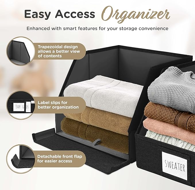 Trapezoid Closet Bins for Shelves – 12x12x10 Fabric Storage Baskets, Collapsible Organizer Boxes for Bedroom, Jeans, Sweaters– Black, 3 Pack