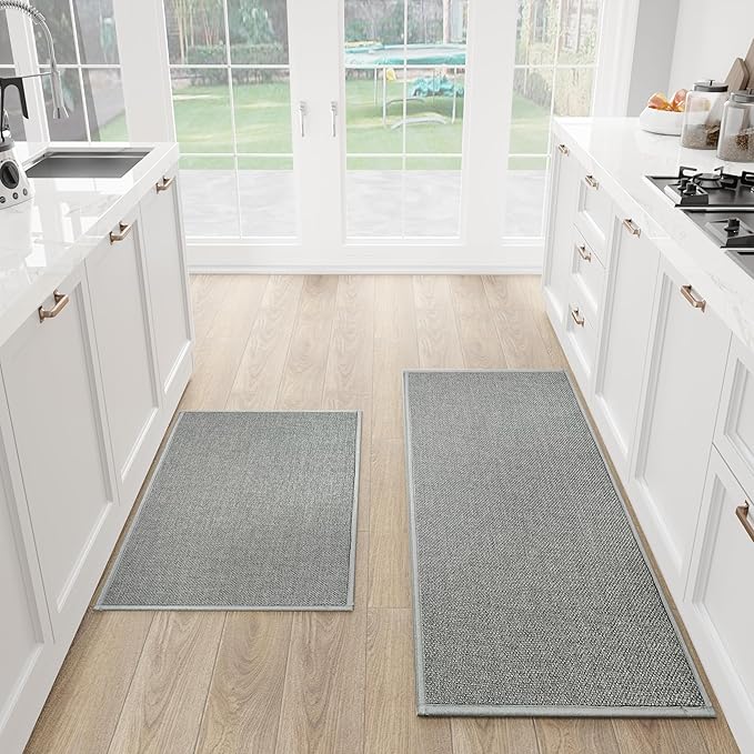 Kitchen Mat Set of 2 PCS, Cushioned Non Slip Rugs for Kitchen Floor, Absorbent Runner Comfort Standing Mats Washable for Kitchen, Office, Home (Grey, 17.3"x47"+17.3"x30")