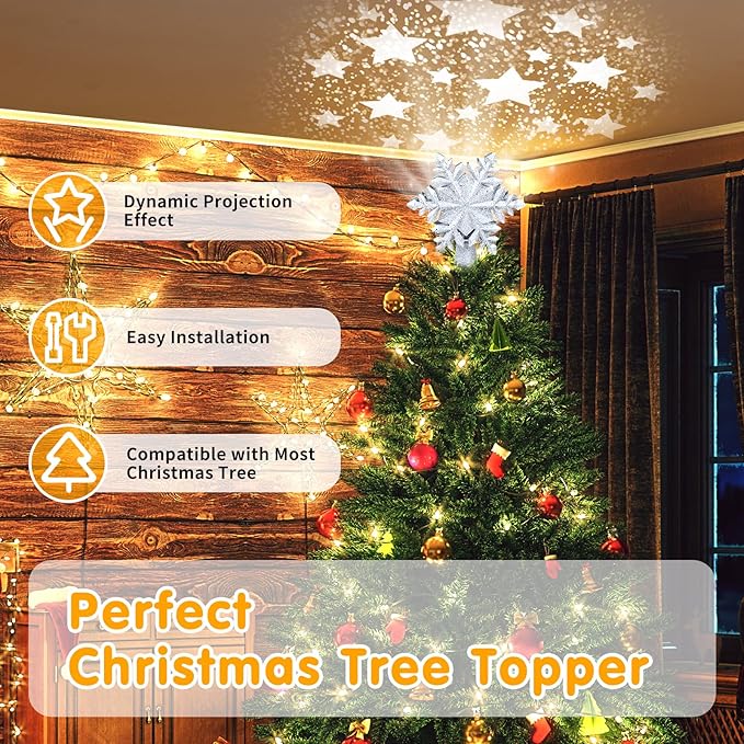 Christmas Tree Topper Lighted, Rotating Star Pattern Projector, 3D Hollow Glitter Lighted Snow Tree Topper for Xmas Party Holiday Christmas Tree Decorations(Silver Snow)