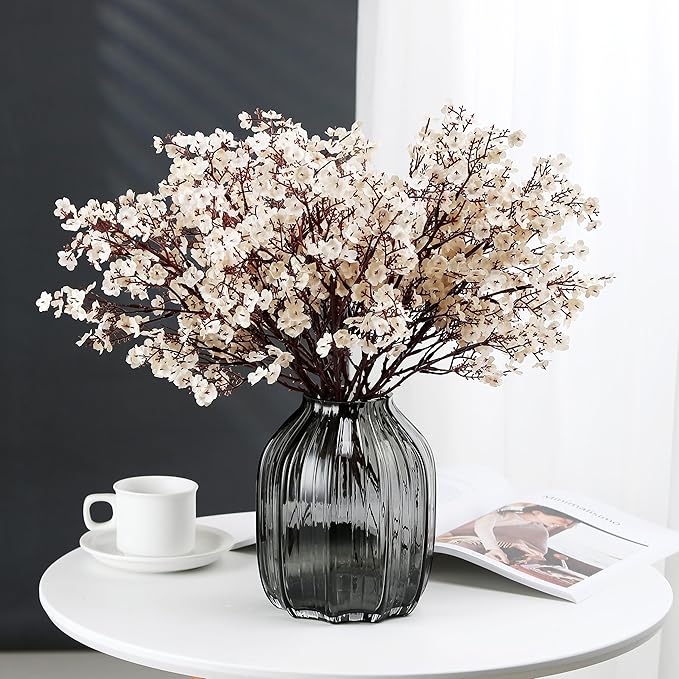 JAKY-Global Fake Fall Flowers Artificial for Decoration Faux Silk Babys Breath Floral Stems Home Indoor Halloween Decor Centerpieces Tables Vase Beige 12pcs