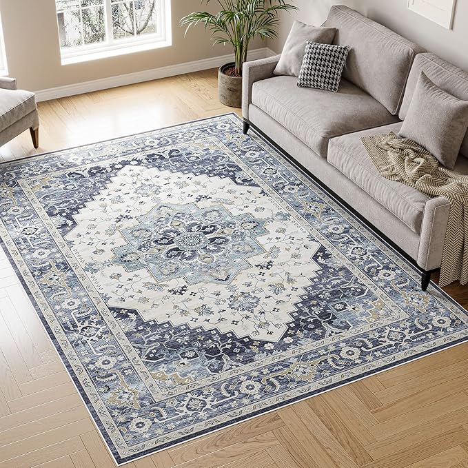 Dripex Washable Area Rug 6x9 Living Room Rug Stain & Water Resistant Foldable Thin Vintage Rugs Faux Wool Floor Carpet for Bedroom Dining Room Kitchen Bathroom Farmhouse Office