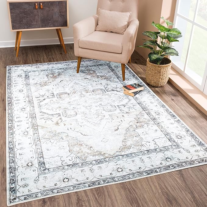 Bloom Rugs Washable Non-Slip 5' x 7' Rug - Brown/Beige/Charcoal Traditional Area Rug for Living Room, Bedroom, Dining Room, and Kitchen - Exact Size: 5' x 7'