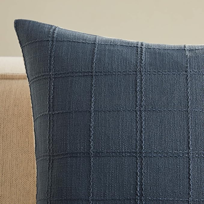 ZeeMart Linen Checked Throw Pillow Covers Set of 2, 22x22 Inch Navy/Cream, Farmhouse Decorative Single Sided Grid Embroidered Couch Pillow Cases Dark Blue Cotton Linen Cushion Covers