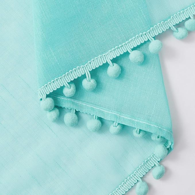Treatmentex Aqua-Blue Pom-Pom Sheer Curtains for Bedroom Nursery Room 63inches Long Linen Textured Window Sheer Drapes 52" W, 1 Pair, Rod Pocket